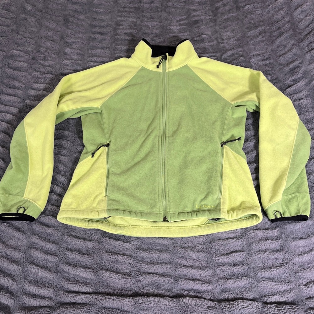 LL Bean Polartec Fleece Jacket Womens Medium Lime Green Colorblock Full Zip